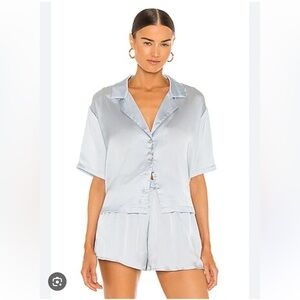 Lovers + Friends Shawn Top Blue Button Down Satin Shirt Size Small